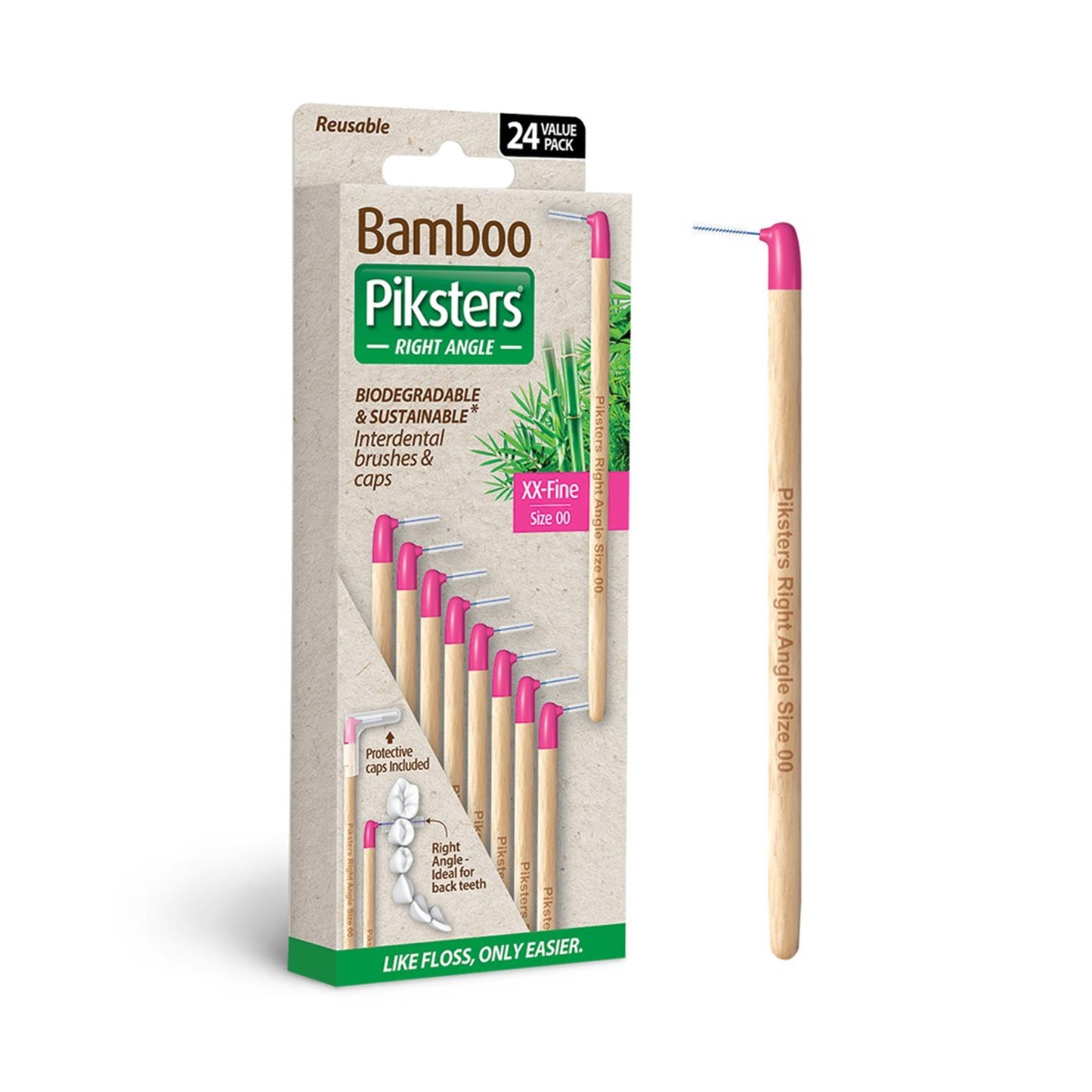 Piksters Bamboo Right Angle Interdental Brushes Size 00 Pink - Pack of 24