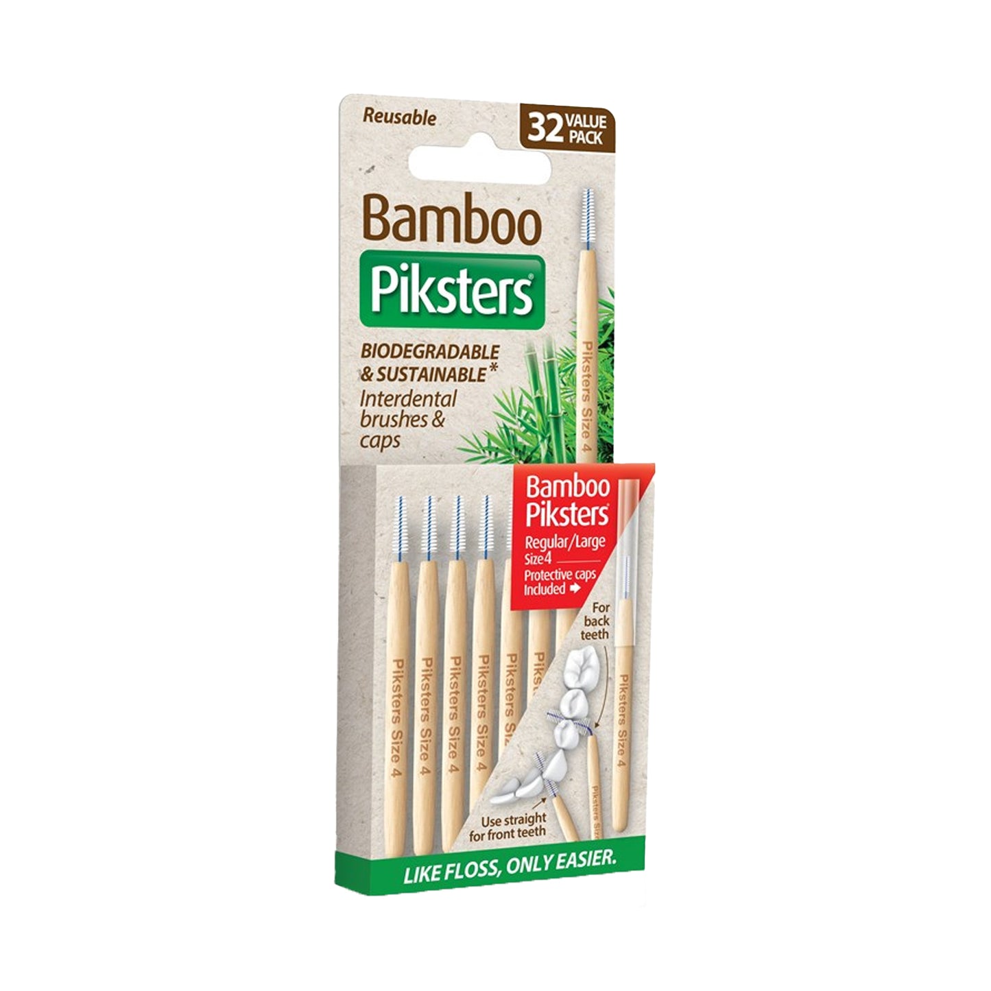Piksters Bamboo Interdental Brushes Size 4 Red - Pack of 32