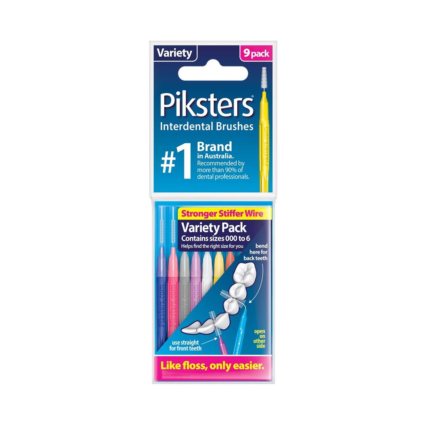 Piksters Interdental Brushes Variety Pack Sizes 000 - 6 - Pack of 9